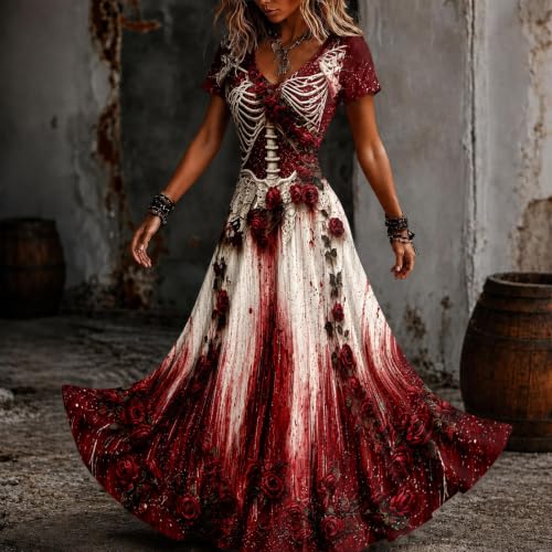 Womens Halloween Dresses Costume Plus Size Skeleton Medieval Maxi Dress - image 2