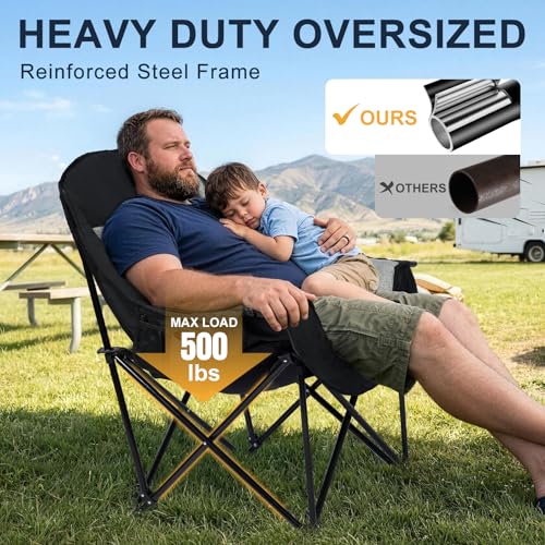 Image of Oversized Camping Chairs for Adult - Heavy Duty Padded Portable Folding Chair XL Collapsible Camp Chair with Cup Holder Side Pocket for Outdoor Lawn Beach Sport Fishing Support 500LBS, Grey