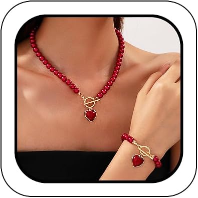 Pearls Heart Necklace Bracelets Set for Women, Dainty Pearls Beaded Choker OT Buckle Love Bracelets Charm Prom Wedding Jewelry for Bridal Bridesmaid