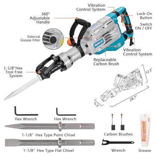 Image of Berserker 1700W 40-Pound Demolition Jack Hammer 127FD with 1-1 /8 inch Hex,14Amp | Heavy duty Corded Electric Concrete /Pavement Breaker with Vibration Control, Trigger Lock, Wheeled Carrying Case & 2 Chisels