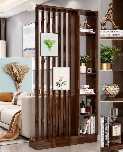 Image of Modern Wooden Room Divider with Storage Shelves | Partition for Living Room & Entryway | Decorative Display Rack with Vertical Slats ((96 x 48 x 6 Brown))