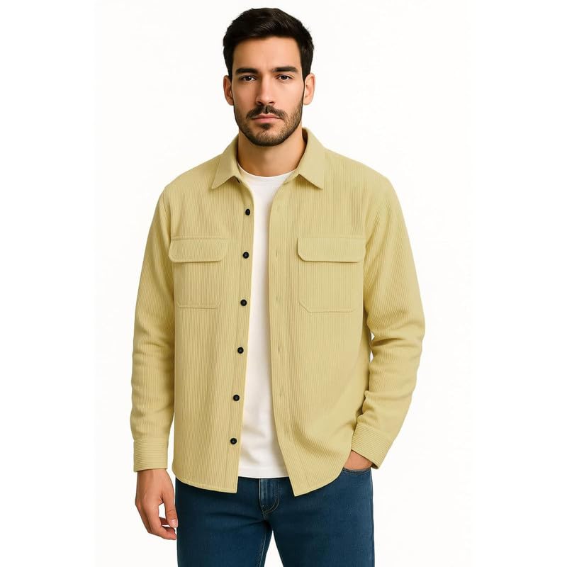 Image of DEELMO Men's Full Sleeve Corduroy Shirt | Stylish Textured Casual Button-Down Shacket for Autumn Winter | Dual Pocket Front Design | Ideal for Layering and Daily Outfits