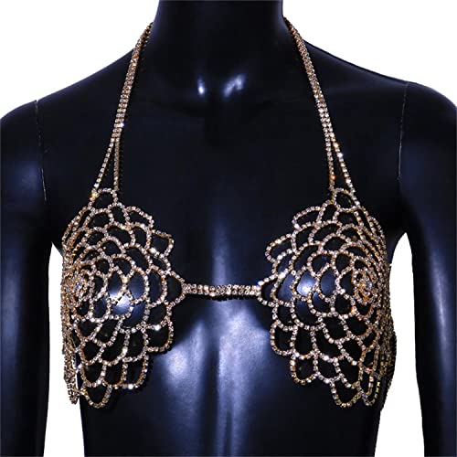 Body Chain Flowers Chest Chain Rhinestone Fringed Bra Chain Crystal Bikini Lingerie Woman Sexy Nightclub Clothing (Golden)