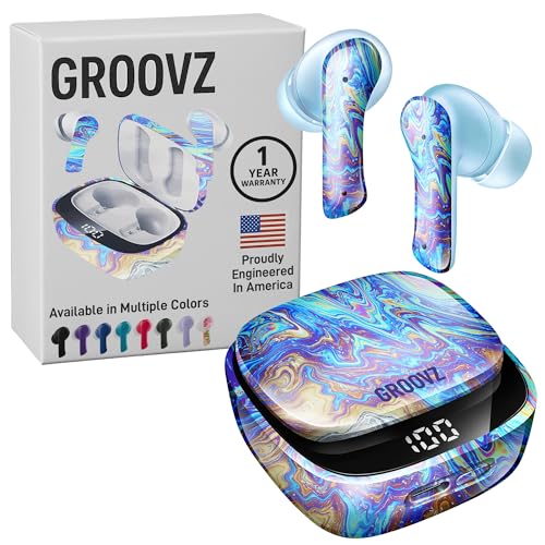Groovz Plus True Wireless Earbuds with Wireless Charging Case - Designed in the USA - IPX4 Water Resistant Bluetooth Earbuds Compatible with Apple & Android - 46Hr Battery - Dual Microphone -Oil Slick