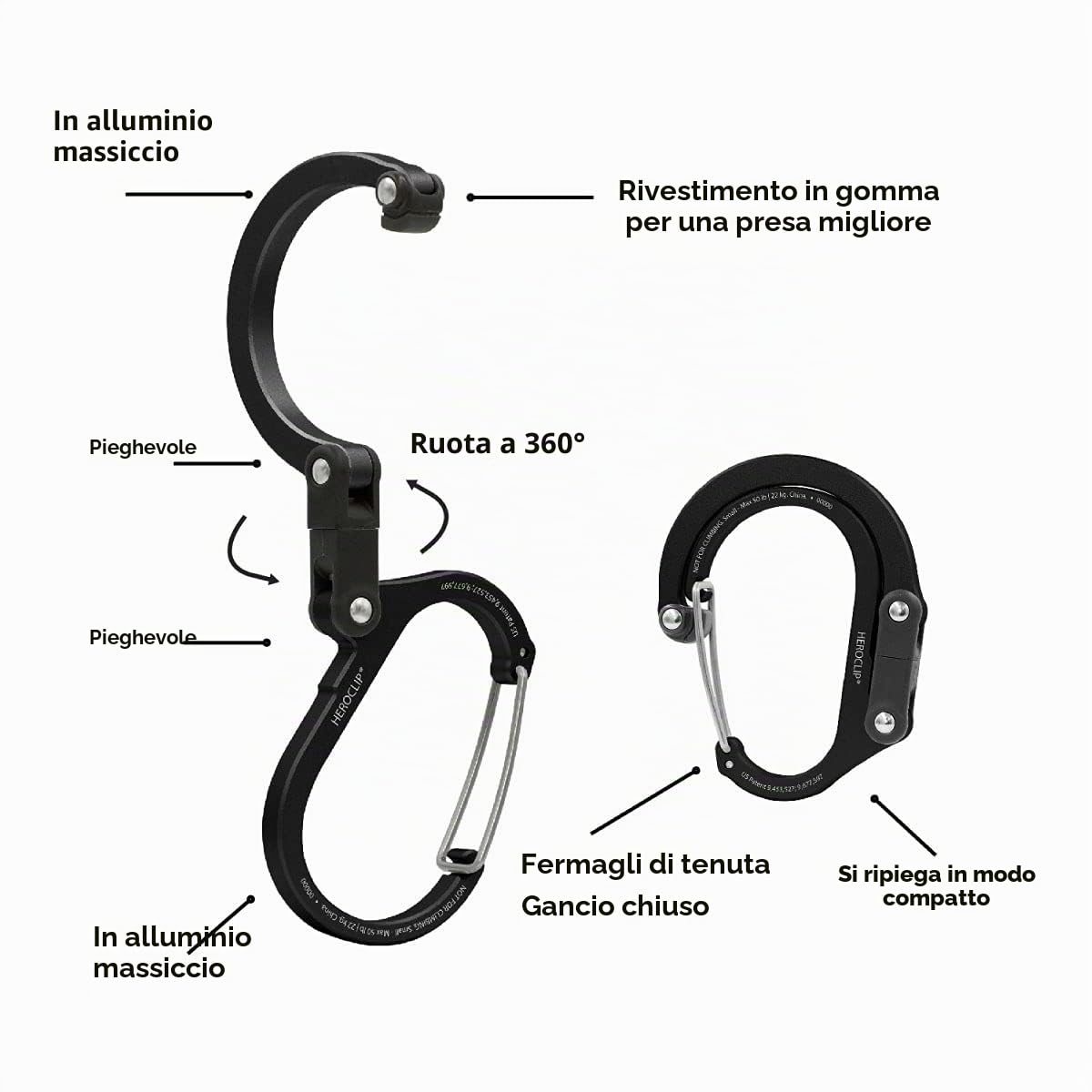 GEAR AID HEROCLIP - Moschettone con clip e gancio, borsa, borsa, zaino, gancio per passeggino, portachiavi, moschettone e gadget multifunzionale per campeggio, pesca, escursionismo o viaggi
