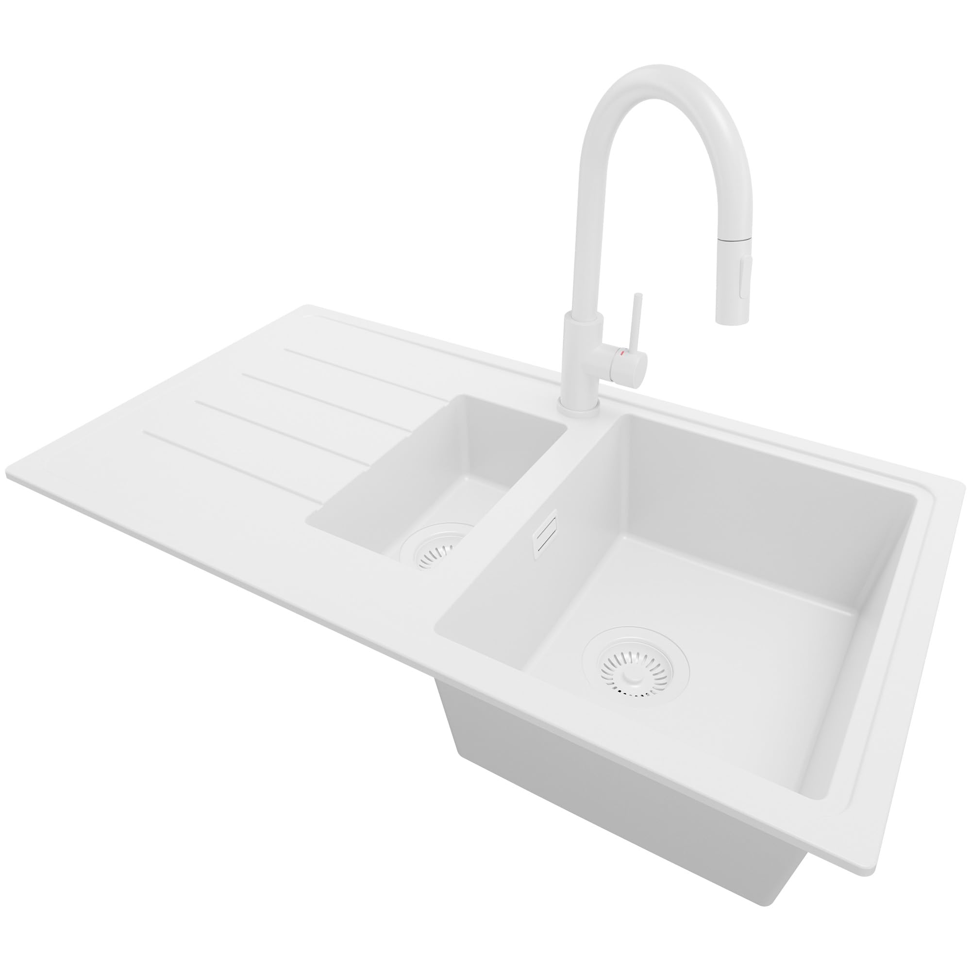 PRIMAGRAN Fregadero Granito Todo Blanco 90x50cm, Cocina 1,5 Senos + Grifo 40x20cm + Sifón, Sobre Encimera al Mueble 60cm - Copenhague Duo S022