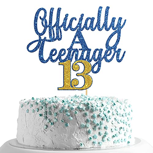 Image of FestikoGlitter Officially A Teenager 13 Cake Topper / 13th Birthday Cake Decor /Happy 13th Birthday Cake Supplies for Boy and Girl - Blue & Gold