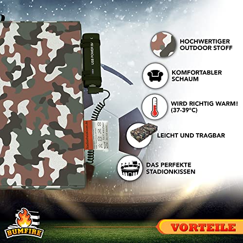 Bumfire Sitzkissen Beheizbar & Faltbar - Akku Heizkissen Kabellos mit USB Anschluss - Elektrisch Beheizbare Sitzauflage Wärmekissen Ansitzkissen Jagd, Hochsitz, Outdoor Kissen - Camouflage - 35x35 cm