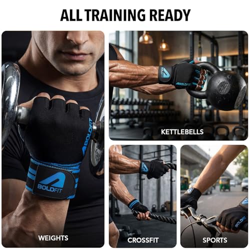 Image of Boldfit Gym Gloves for Men Workout Unisex Hand Gloves for Gym for Men & Women with Wrist Support for Weightlifting, Workout Comfortable Fit Bike Riding, Cycling Handgloves - Irongrip Black Blue XL