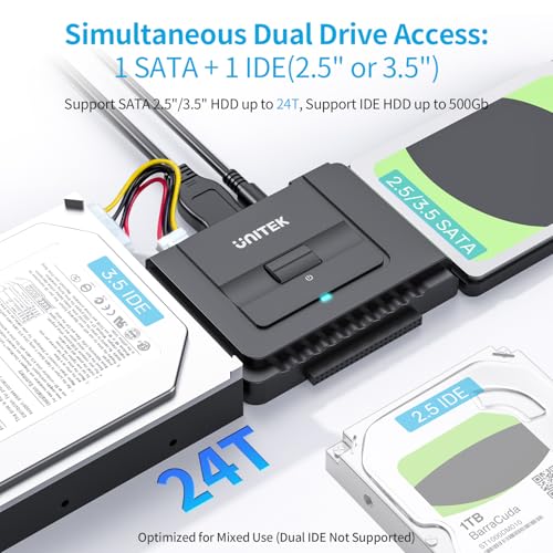 Image of Unitek USB 3.0 to IDE and SATA Converter External Hard Drive Adapter Kit for Universal 2.5 /3.5 HDD /SSD Hard Drive Disk, One Touch Backup Function, Included 12V /2A Power Adapter