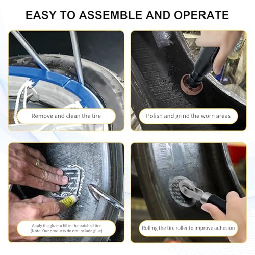 Image of Tire Patch Kit - 55mm Tungsten Steel Buffing Wheel with 2 Quick-Change Connectors, Tire Patch Roller & Scraper,Low Speed Air Tire Repair Buffer Tool