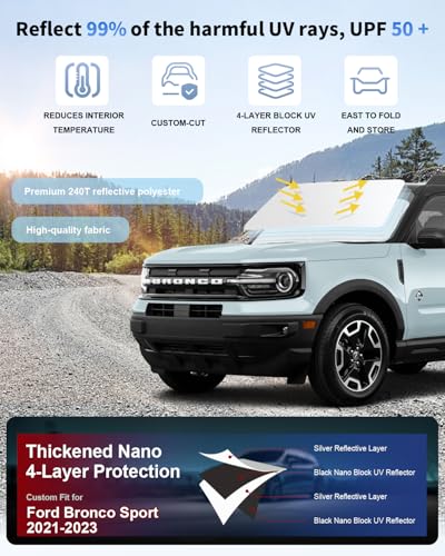 Sun Shade Sunshade for Ford Bronco Sport 2021-2025 2026 Front Window Windshield Cover for Bronco Sport Accessories(Not for Bronco)4 Layers Window Shades 4 Door 2 Door Sun Visor Protector Block UV Ray