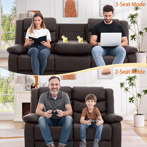 Korser Recliner Sofa, Reclining Loveseat with Console, Oversized Reclining Couch with Drop Down Table, 3-Seater Sofa with Cup Holder and Recessed Power Strip, Brown - image 7