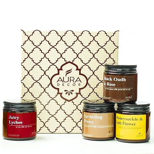 Image of AuraDecor Scented Jar Candle | Handpoured Soy Wax Candle with Long Lasting Burn Time | Premium Amber Jar Aromatherapy Candle | Ideal Gift for Home & Decor (Large, Gift Set (Type 2))