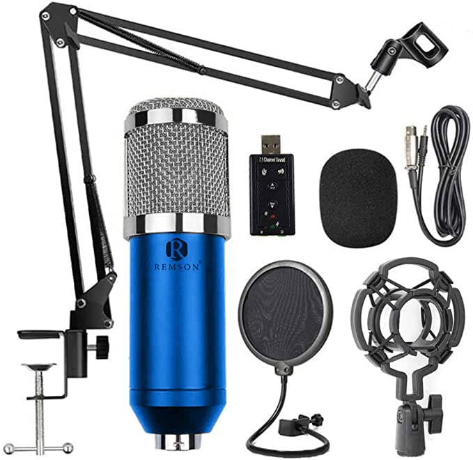 REMSONMicrophone Condenser Studio Set Microphone Condenser Kit with Adjustable Microphone Suspension Scissor Arm Shock mount And Double-Layer Pop Filter For Recording and Broadcasting (Silver Blue)