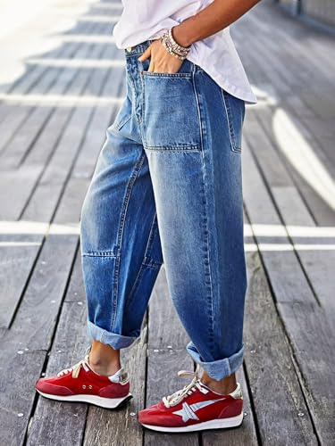 Flamingals Barrel Jeans for Women Trendy High Waisted Stretchy Boyfriend Cropped Jeans Roll Hem Denim Ankle Pants3