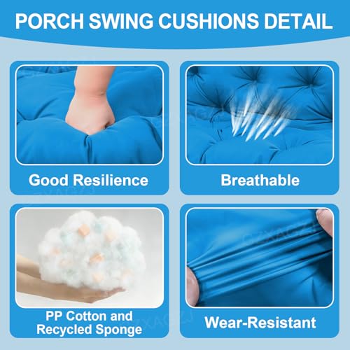 Image of Durable Porch Swing Cushions 60 inch Extra 5 inch Thick Waterproof Outdoor Swing Cushions 3 Seater Replacement with Backrest and 8 Ties Not Easy to Fade Swing Cushion for Outdoor Furniture Patio