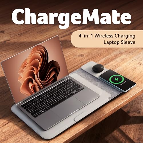 Image of Acer ChargeMate 4-in-1 Wireless Charging Laptop Sleeve for 13 inch - 16 inch Laptops | Fast Charging Pad for Phone & Earbuds | Mousepad | Height Adjustable Flap | Magnetic Closure | Waterproof (Grey)