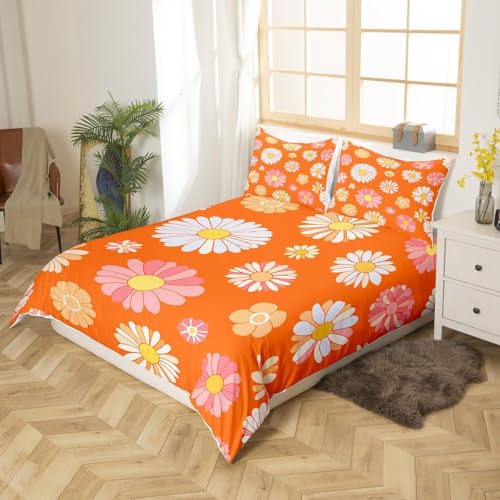 Homemissing Super King 60s 70s Fashion Retro Bed Set Hippie Flower Duvet Cover Retro Bohemian Plant Flower Comforter Cover Set Plant Flower Orange Set Comforter Cover Set - Image 3