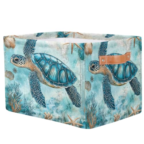 Image of Turquoise Turtle Storage Baskets for Organizing, Fabric Collapsible Storage Bins Box Ocean Seashell Decorative Toy Organizer Baskets for Closet Shelves Gift Basket 1 Pc