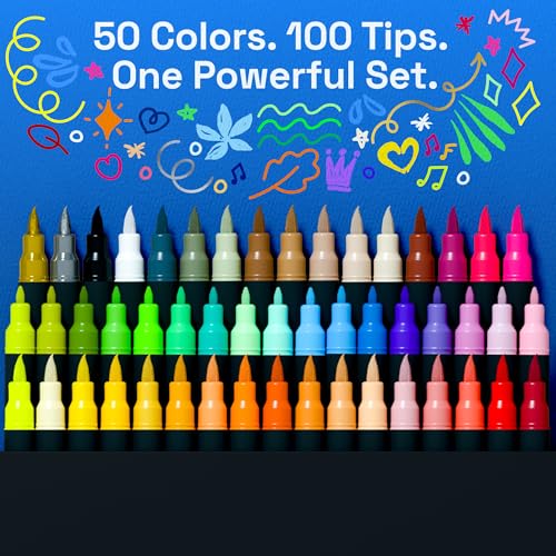 Image of ARTISTRO Acrylic Glass Markers for Wine Glasses and Drinkware (50 Pack), Vibrant Dual Tip Paint Pens for Party Charms & Bar Tools (Brush + Fine Tips)