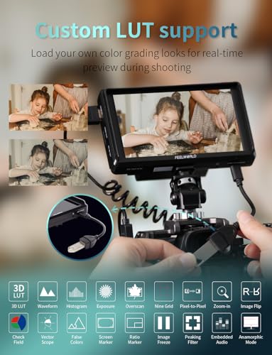 Image of FEELWORLD S55E 5.5 inch DSLR Field Monitor 3D LUT Compact Full HD 1920x1152 IPS Video Assist Peaking Focus with 4K60Hz HDMI 8.4V DC Inputs /Outputs Includes F550 4400mAh Battery,Tilt Arm,Sunshade