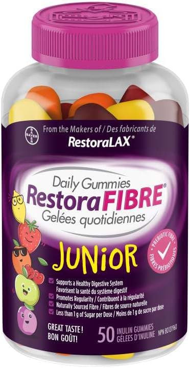 RestoraFIBRE Junior Daily Prebiotic Fibre Gummies for Kids – Naturally Sourced Fibre, Promotes Regularity And a Healthy Digestive System, 6 Fruit Flavors, Less than 1g of Sugar per Dose, 50 Gummies