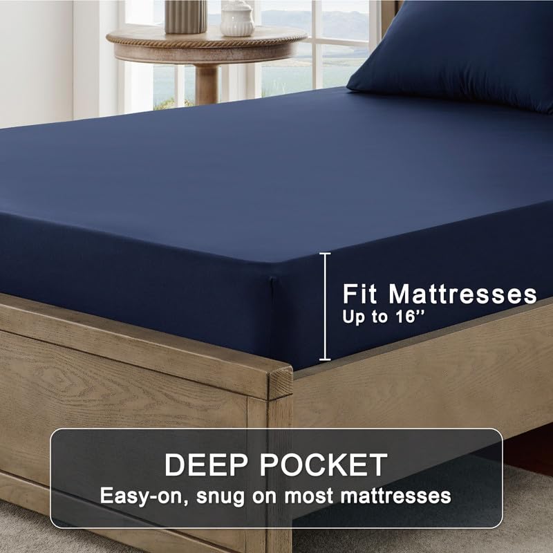 Image of FreshCulture Full Sheet Set - Ultra Soft Sheets Full Size Bed - Brushed Microfiber - Deep Pockets - Easy Care - Cooling & Breathable Sheets - 4 Pieces Hotel Luxury Full Size Bed Sheets (Navy Blue)