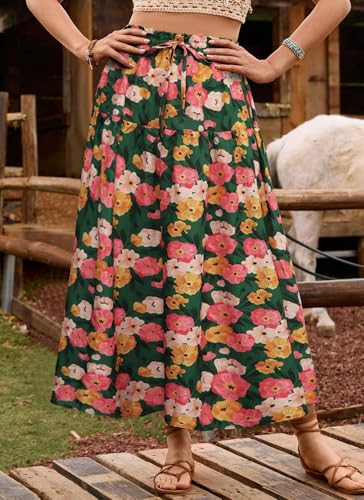 Womens Maxi Casual Loose Skirt with Floral Pattern Drawstring Waist for Summer2