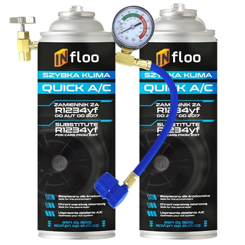 INfloo 2× Quick A/C – Substitut du R1234yf 185 g + Tuyau avec Manomètre + Gants – Gaz réfrigérant sans HFC – Recharge Climatisation Auto (dès 2017)