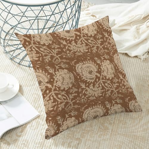 Brown Pillow Covers 18x18 Inch Set of 2 Vintage Brown Floral Throw Pillows Neutral Modern Boho Cognac Block Print Floral Pillowcases Outdoor Accent Decorative Linen Cushion Covers for Couch Sofa Bed — view 5