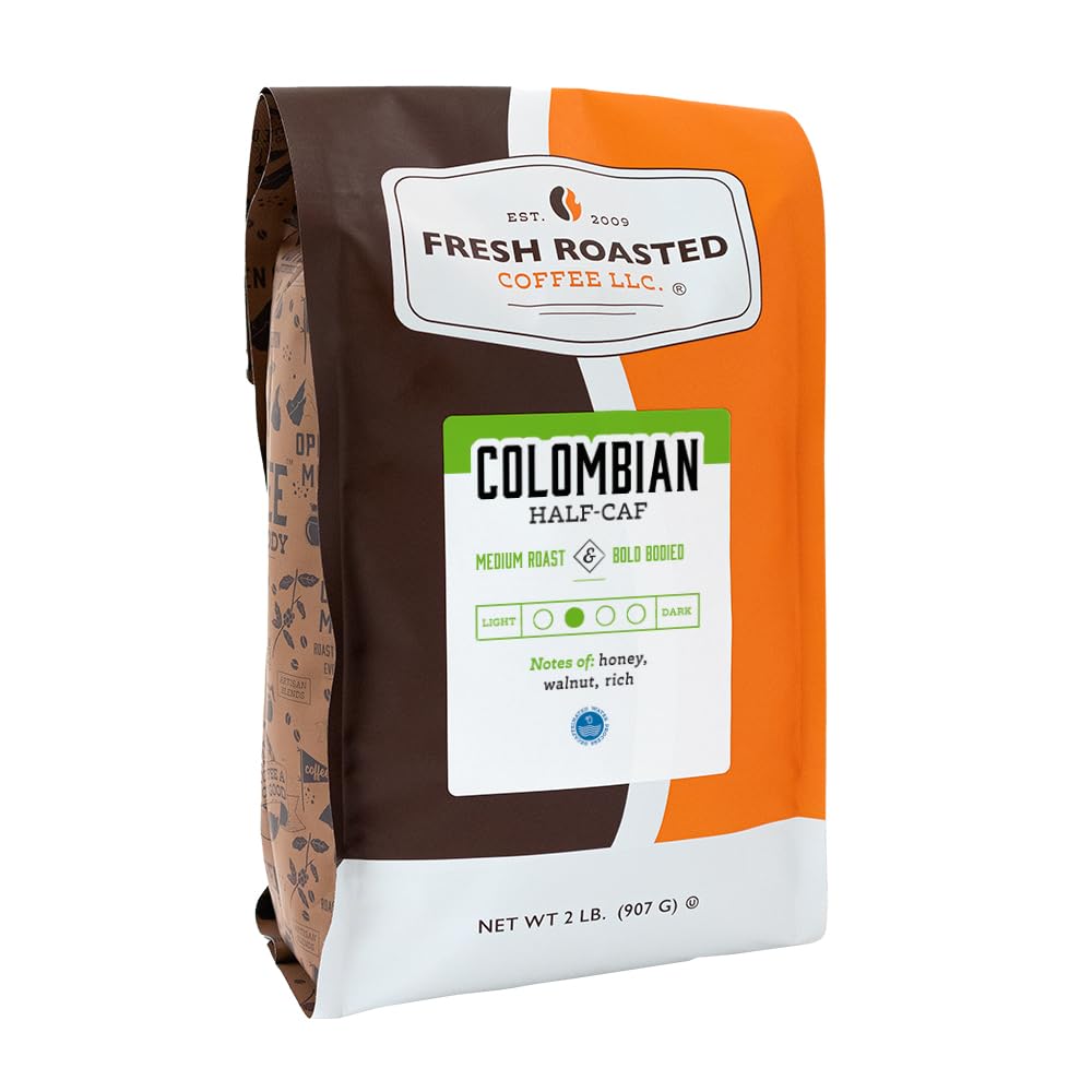 Fresh Roasted Coffee Colombian Water Half-Caf, 2 lb (32 oz), Medium Roast, Kosher, Whole Bean