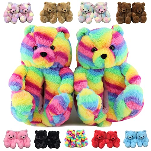 AIMINUO Teddy Bear Slippers for Women,Plush Fluffy Soft Home Indoor Slippers,Unisex Winter Warm Non-slip Thick Slippers,Artificial Fur Cute Bear Girl's cartoon Slippers,Couple Slippers (Rainbow Colorful, 36-41, numeric_5_point_5)