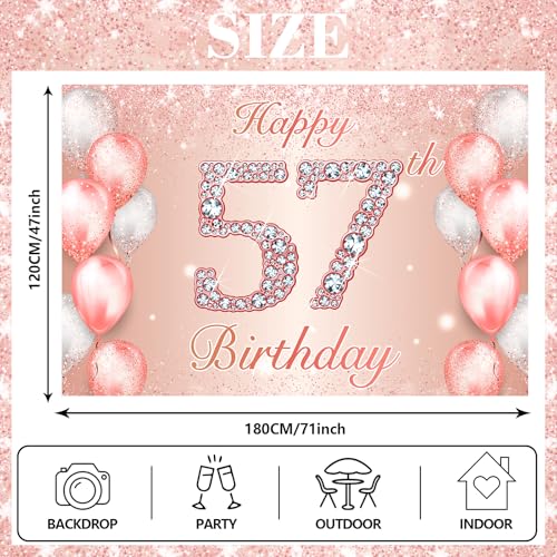 Image of Happy 57th Birthday Rose Gold Banner Cheers to 57 Years Old Backdrop Confetti Balloons Theme Decor for Women 57 Years Old Pink Birthday Party Decorations Bday Supplies Background Favors Gift Glitter