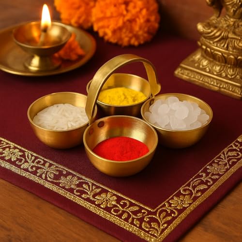 Pure Source India Pure Brass Small Pooja Roli, Chawal, Haldi, Kumkum Katori/Chawmukh with Handle for Home Mandir (8.5 X 8.5 CM) (Gold) (20 ml) thumbnail 9