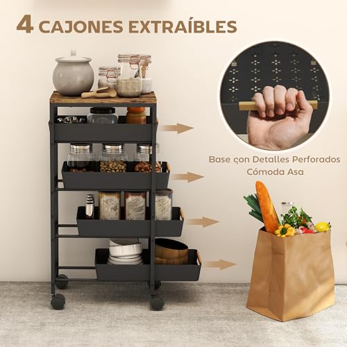 HOMCOM Carro de Cocina de Almacenamiento de 5 Niveles Carrito Auxiliar con Ruedas Tablero Efecto Madera y 4 Cajones Extraíbles Carrito de Cocina para Comedor Salón 39,5x24x82 cm Negro - imagen 3