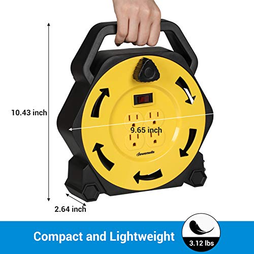 Dewenwils Extension Cord Reel With 25 Ft Power Cord, Hand Wind Retractable, 16/3 Awg Sjtw, 4 Grounded Outlets, 13 Amp Circuit Breaker, Yellow, Black, Ul Listed #TOP6