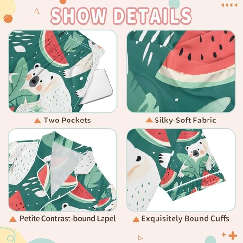 senya Polar Bear Eat Watermelon Satin Summer Pajama Sets Silk Short Sleeve Button Down Sleepwear3