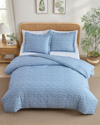 Image of Duvet Cover Full Size Set - Extra Soft Floral Duvet Cover 80 x 90 with 2 Pillow Shams - Comfy, Breathable Floral Bedding Set - Hotel Luxury Easy-Care & Fade Free, Zipper Closures & Ties - Bluefield