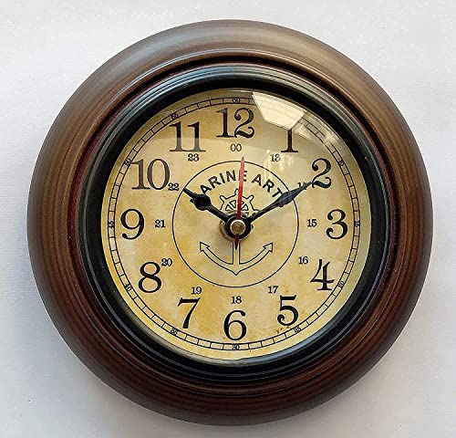 Image of VK 6 Inch Antique Wooden Wall Clock | Vintage Round Silent Non-Ticking Analog Mini Wall Clock | Decorative Small Battery Operated Clock for Bedroom, Kitchen, Office & Home Decor (Brown Finish)