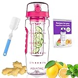 AQUATIME Time Marked Fruit Infuser Water Bottle Large 32 oz – Free Brush for Easy Clean – Convenient to Carry - Leak Proof - FDA Approval BPA Free & Eco – Friendly Tritan copolyester Plastic - Pink