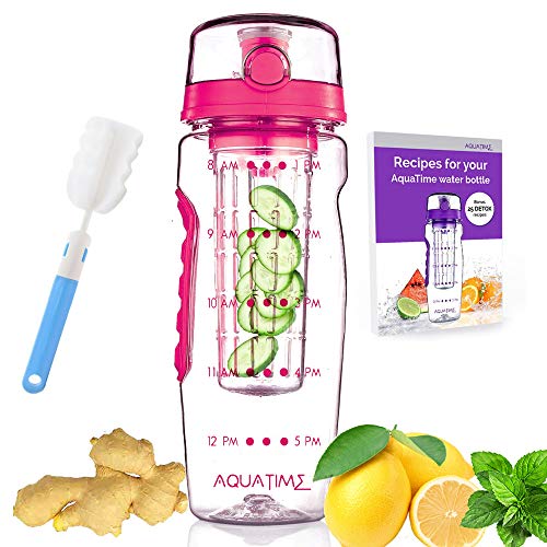 Time Marked Fruit Infuser Water Bottle AQUATIME Large 32 oz – Brush For Easy Clean included – Convenient To Carry - Fruit Infused Water Bottles - Infusion Bottle for Women and Men with Straw (Pink)