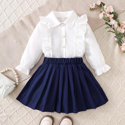 Girls Long Sleeve Lace Trim Top and Pleated Skirt Two Piece Outfit School Style Toddler Kids Clothing Set3
