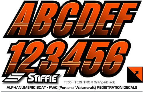 Image of STIFFIE Techtron Orange /Black 3 inch Boat & PWC Registration Decals • Numbers Letters Stickers