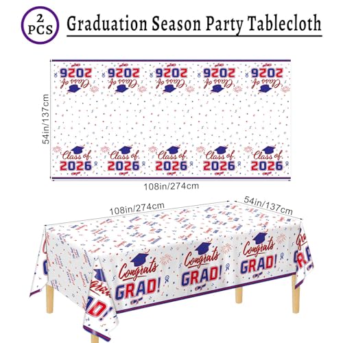 Image of Oigco 2026 Graduation Decorations, 2 Pack Red and Blue Graduation Tablecloths Class of 2026, Congrats Grad Plastic Rectangle Table Cloths for Graduation Party Decorations, 54 x 108 Inch