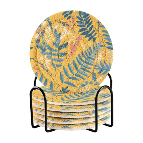 Coasters for Drinks Absorbing with Black Holder Set of 6, Ferns Vintage Botanical Saffron, Home Decor for Various Cups, Bar