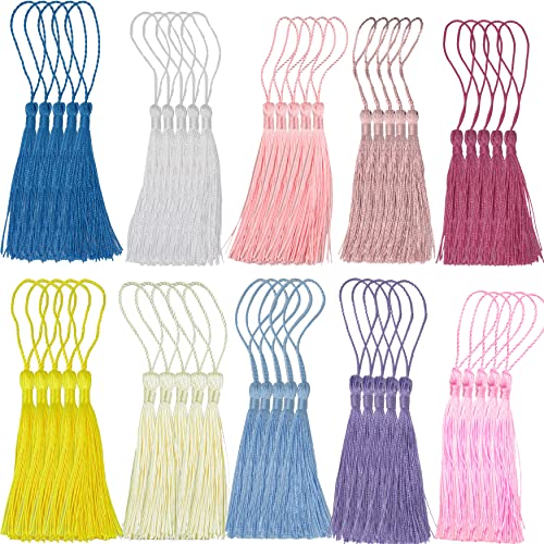 Image of Mixed 100pcs 13cm /5 Inch Silky Floss Bookmark Tassels with 2-Inch Cord Loop and Small Chinese Knot for Jewelry Making, Souvenir, Bookmarks, DIY Craft Accessory (Mixed 1 Updated)
