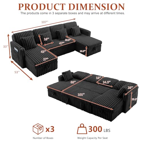 Image of 107'' Sectional Sleeper Sofa with Pull Out Bed, Storage Chaise, Adjustable Backrest, USB Charger, Cup Holder & Side Pocket, Fluffy Soft Corduroy U Shaped Couch for Living Room, Black