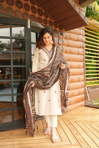 Image of Women Embroidered Cotton Kurta Pant Ensemble with Premium Dupatta Festive Ethnic Apparel Set