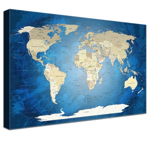 Lana KK® - Luxus Weltkarte Pinnwand, Blau Deutsch, Leinwand zum Pinnen der Reiseziele als Wandbild - Reisewelt Karte blau 150x100 cm